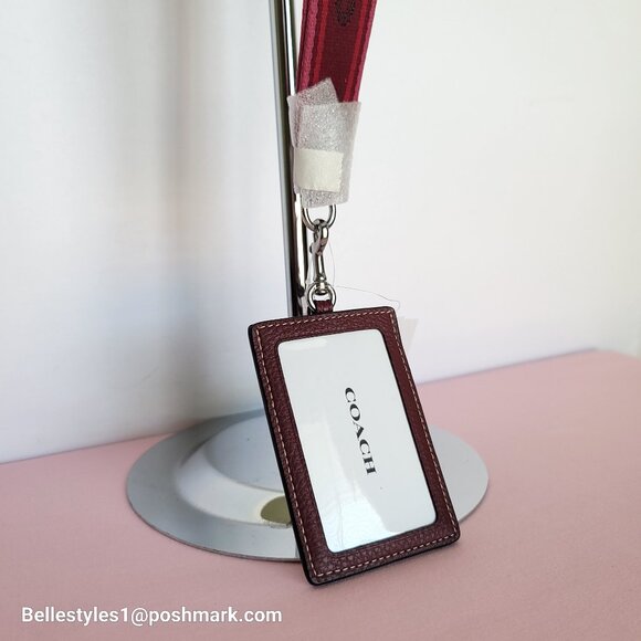 COACH Lanyard ID Pebbled Leather w Webbing Strap- Wine multi⭐ - Picture 3 of 14